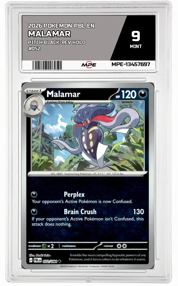 2026 POKEMON PBL EN PITCH BLACK-REV HOLO #052 Malamar MPE 9 MINT — graded card auctioned from the MPE vault