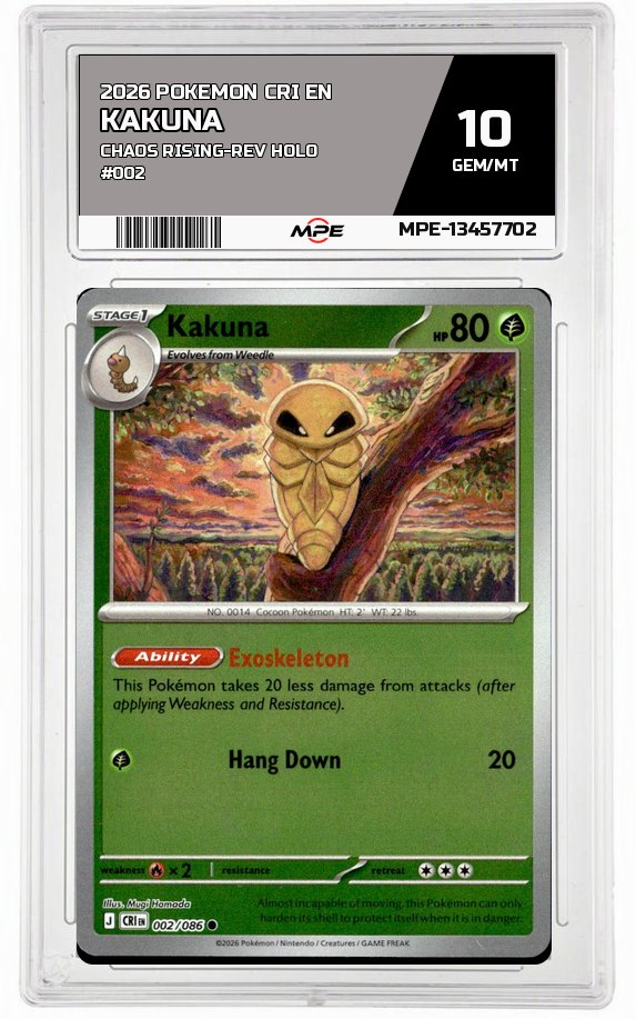 2026 POKEMON CRI EN CHAOS RISING-REV HOLO #002 Kakuna MPE 10 GEM/MT — graded card auctioned from the MPE vault