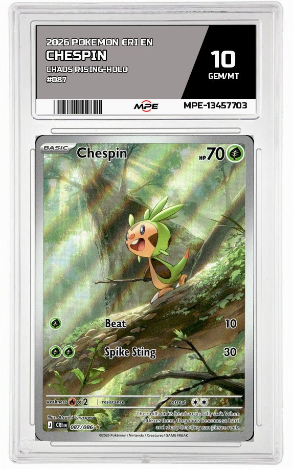2026 POKEMON CRI EN CHAOS RISING-HOLO #087 Chespin MPE 10 GEM/MT — graded card auctioned from the MPE vault