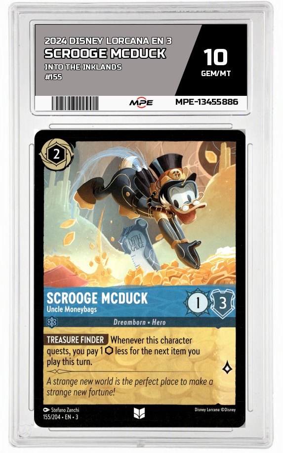 2024 DISNEY LORCANA EN 3 Into the Inklands #155 SCROOGE MCDUCK MPE 10 GEM/MT — graded card auctioned from the MPE vault