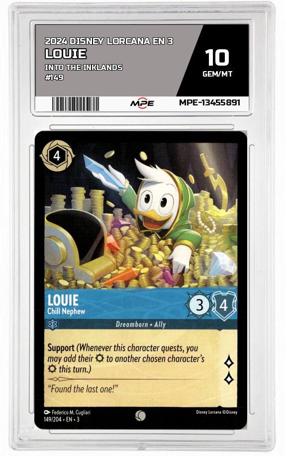 2024 DISNEY LORCANA EN 3 Into the Inklands #149 LOUIE MPE 10 GEM/MT — graded card auctioned from the MPE vault