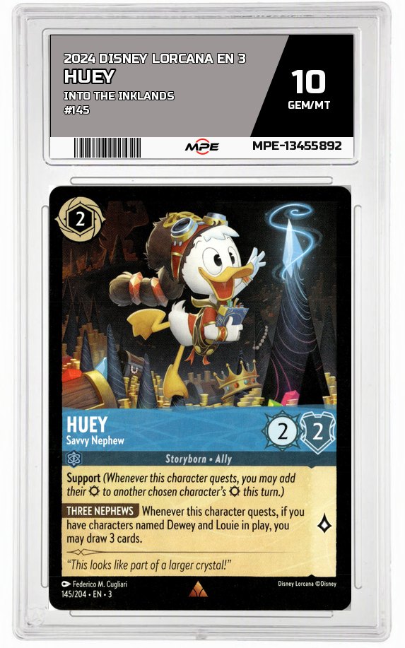 2024 DISNEY LORCANA EN 3 Into the Inklands #145 HUEY MPE 10 GEM/MT — graded card auctioned from the MPE vault