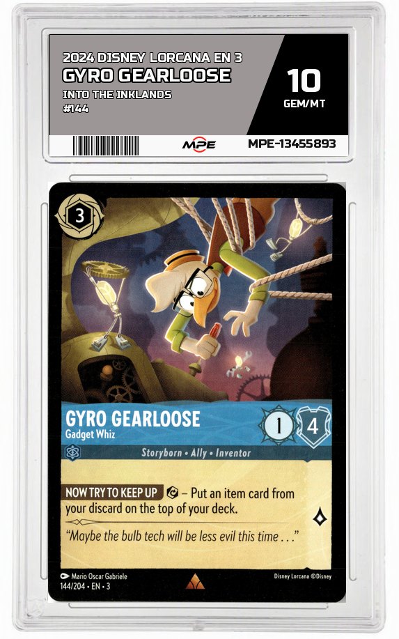 2024 DISNEY LORCANA EN 3 Into the Inklands #144 GYRO GEARLOOSE MPE 10 GEM/MT — graded card auctioned from the MPE vault