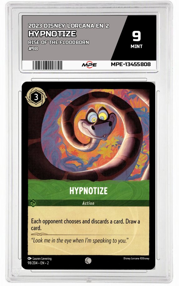 2023 DISNEY LORCANA EN 2 Rise of the Floodborn #98 HYPNOTIZE MPE 9 MINT — graded card auctioned from the MPE vault