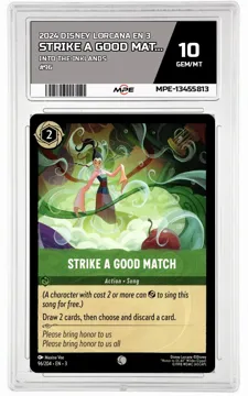 2024 DISNEY LORCANA EN 3 Into the Inklands #96 STRIKE A GOOD MATCH MPE 10 GEM/MT — graded card up for auction