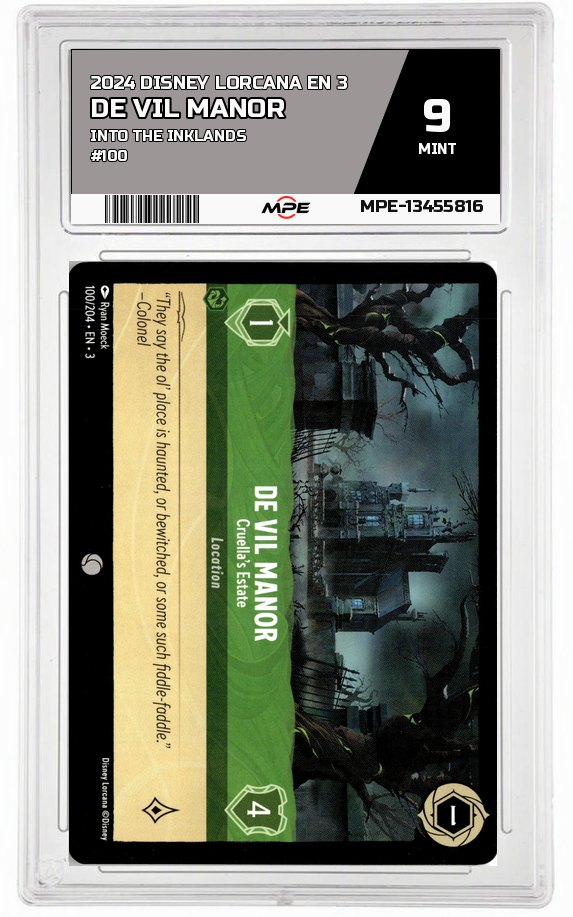 2024 DISNEY LORCANA EN 3 Into the Inklands #100 DE VIL MANOR MPE 9 MINT — graded card auctioned from the MPE vault