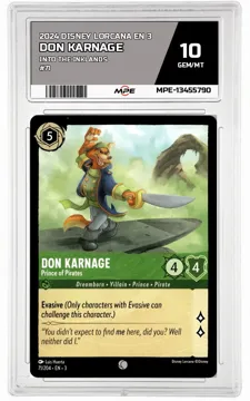 2024 DISNEY LORCANA EN 3 Into the Inklands #71 DON KARNAGE MPE 10 GEM/MT — graded card up for auction