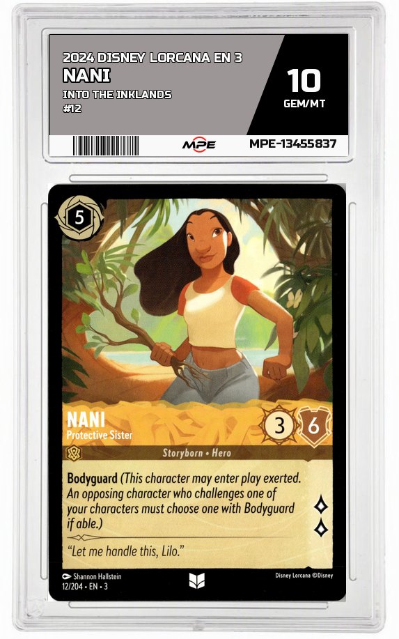 2024 DISNEY LORCANA EN 3 Into the Inklands #12 NANI MPE 10 GEM/MT — graded card auctioned from the MPE vault