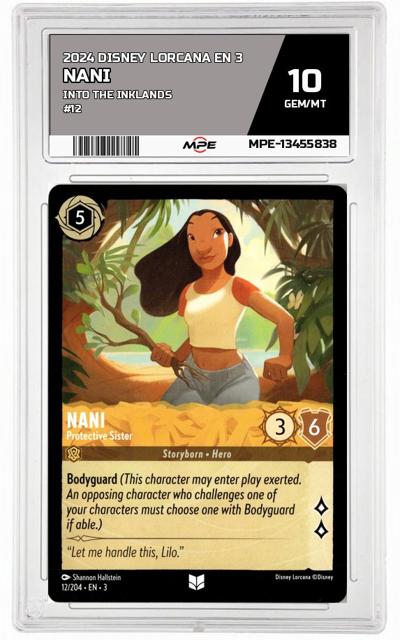 2024 DISNEY LORCANA EN 3 Into the Inklands #12 NANI MPE 10 GEM/MT — graded card auctioned from the MPE vault