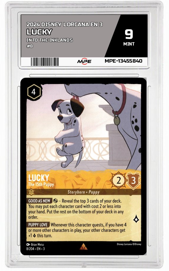 2024 DISNEY LORCANA EN 3 Into the Inklands #8 LUCKY MPE 9 MINT — graded card auctioned from the MPE vault