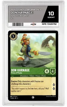 2024 DISNEY LORCANA EN 3 Into the Inklands #71 DON KARNAGE MPE 10 GEM/MT — graded card up for auction