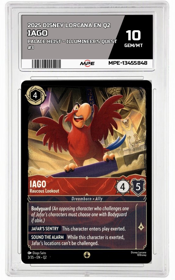 2025 DISNEY LORCANA EN Q2 Palace Heist – Illumineer's Quest #3 IAGO MPE 10 GEM/MT — graded card auctioned from the MPE vault