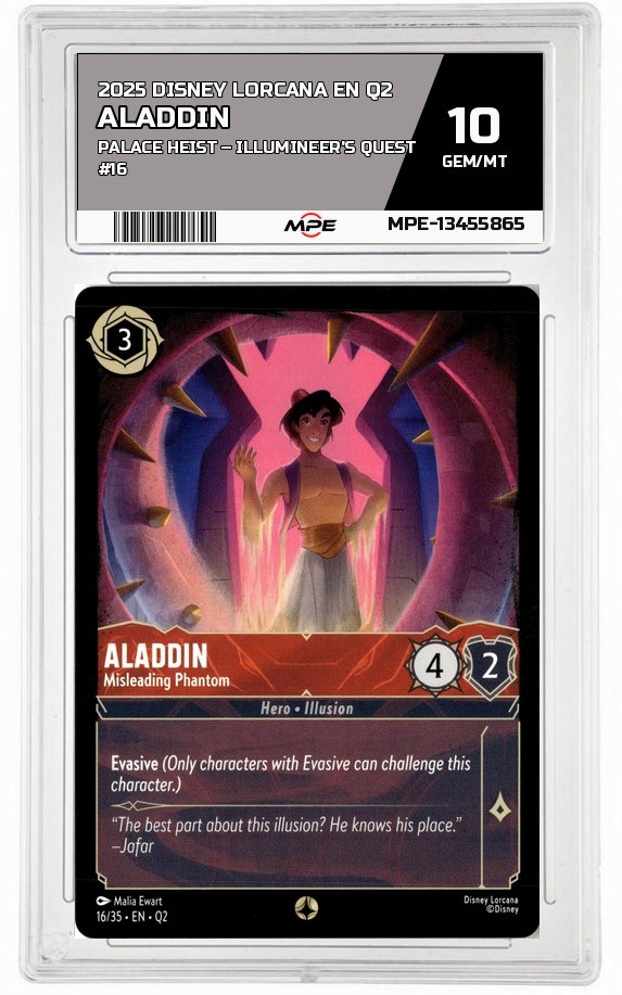2025 DISNEY LORCANA EN Q2 Palace Heist – Illumineer's Quest #16 ALADDIN MPE 10 GEM/MT — graded card auctioned from the MPE vault