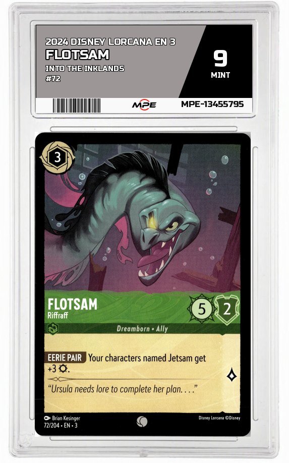 2024 DISNEY LORCANA EN 3 Into the Inklands #72 FLOTSAM MPE 9 MINT — graded card auctioned from the MPE vault