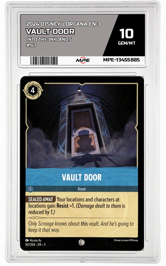 2024 DISNEY LORCANA EN 3 Into the Inklands #167 VAULT DOOR MPE 10 GEM/MT — graded card auctioned from the MPE vault