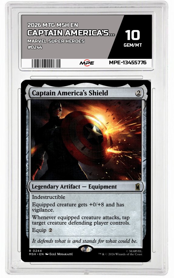 2026 MTG MSH EN Marvel Super Heroes #0244 CAPTAIN AMERICA'S SHIELD MPE 10 GEM/MT — graded card auctioned from the MPE vault