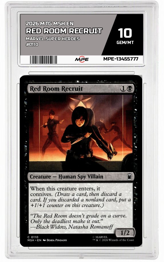 2026 MTG MSH EN Marvel Super Heroes #0110 RED ROOM RECRUIT MPE 10 GEM/MT — graded card auctioned from the MPE vault