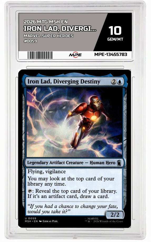 2026 MTG MSH EN Marvel Super Heroes #0059 IRON LAD, DIVERGING DESTINY MPE 10 GEM/MT — graded card auctioned from the MPE vault