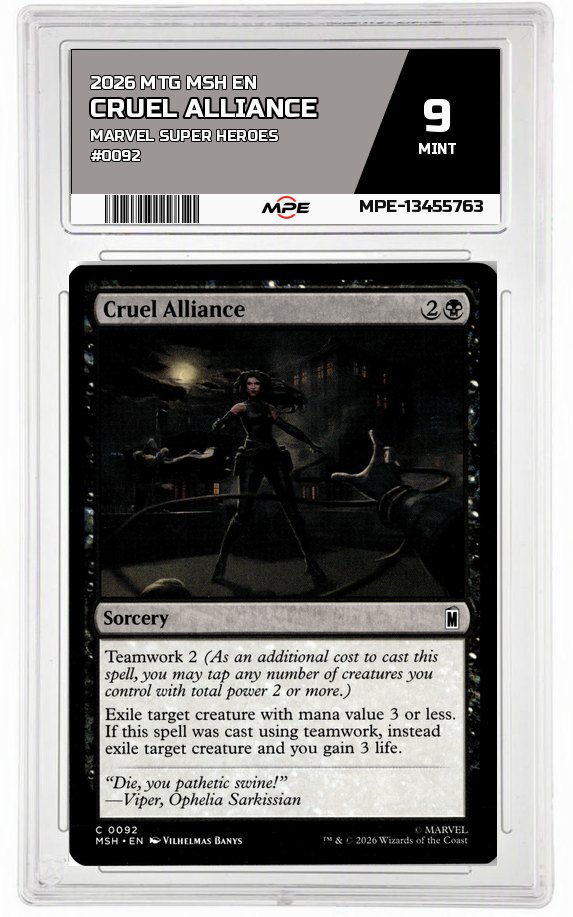 2026 MTG MSH EN Marvel Super Heroes #0092 CRUEL ALLIANCE MPE 9 MINT — graded card auctioned from the MPE vault
