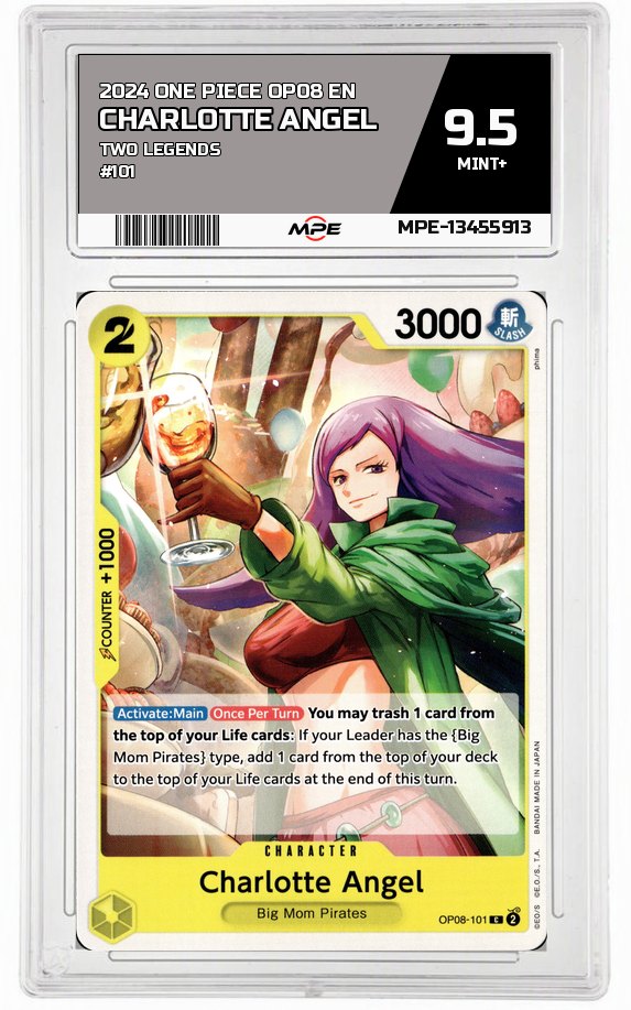 2024 ONE PIECE OP08 EN Two Legends #101 CHARLOTTE ANGEL MPE 9.5 MINT+ — graded card auctioned from the MPE vault
