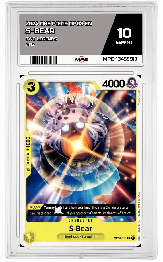 2024 ONE PIECE OP08 EN Two Legends #113 S-BEAR MPE 10 GEM/MT — graded card auctioned from the MPE vault