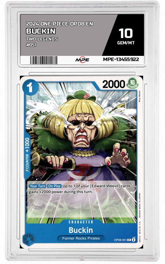 2024 ONE PIECE OP08 EN Two Legends #051 BUCKIN MPE 10 GEM/MT — graded card auctioned from the MPE vault