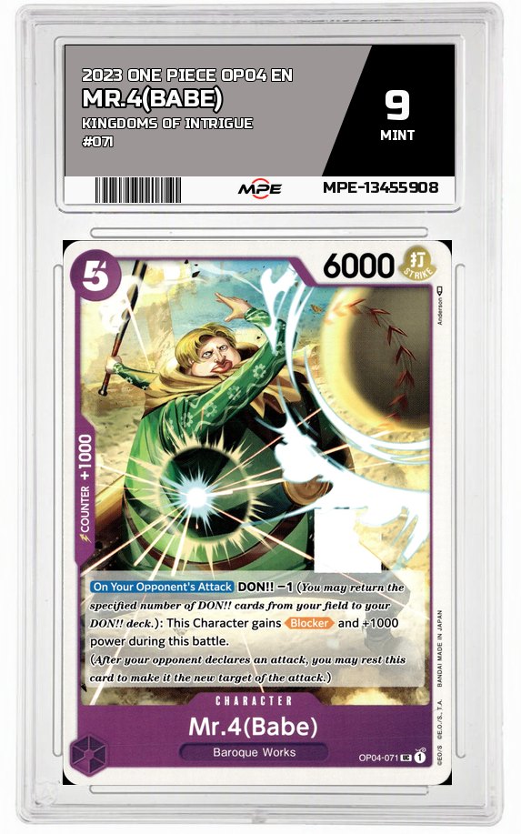 2023 ONE PIECE OP04 EN Kingdoms of Intrigue #071 MR.4(BABE) MPE 9 MINT — graded card auctioned from the MPE vault