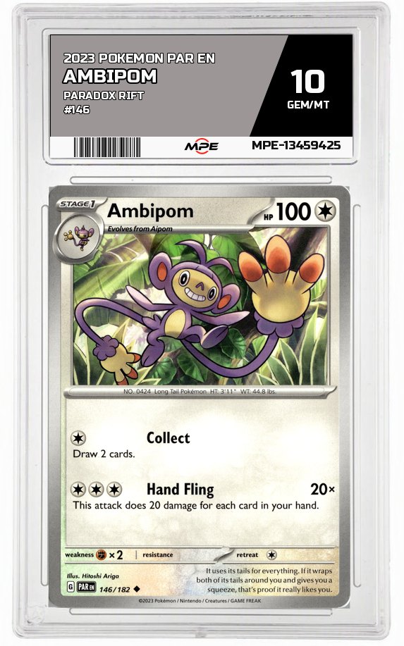 2023 POKEMON PAR EN PARADOX RIFT #146 Ambipom MPE 10 GEM/MT — graded card auctioned from the MPE vault