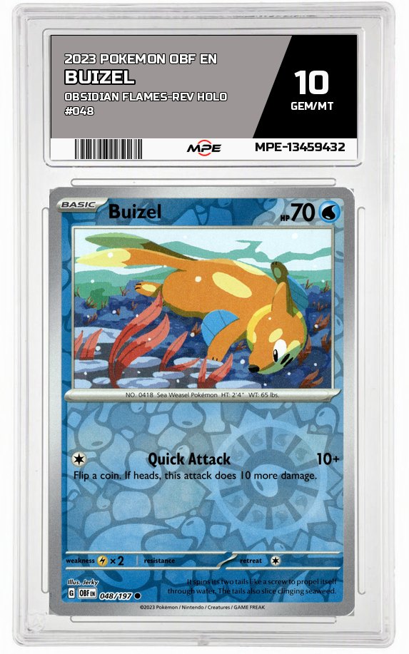 2023 POKEMON OBF EN OBSIDIAN FLAMES-REV HOLO #048 Buizel MPE 10 GEM/MT — graded card auctioned from the MPE vault