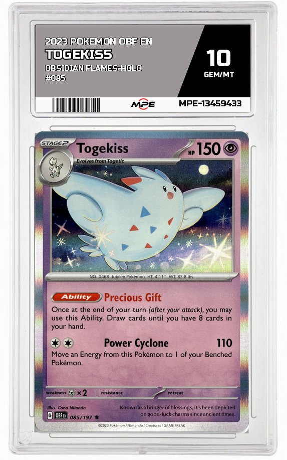 2023 POKEMON OBF EN OBSIDIAN FLAMES-HOLO #085 Togekiss MPE 10 GEM/MT — graded card auctioned from the MPE vault