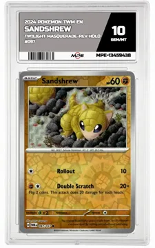 2024 POKEMON TWM EN TWILIGHT MASQUERADE-REV HOLO #097 Sandshrew MPE 10 GEM/MT — graded card up for auction