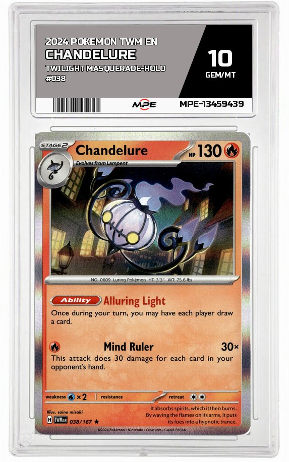 2024 POKEMON TWM EN TWILIGHT MASQUERADE-HOLO #038 Chandelure MPE 10 GEM/MT — graded card auctioned from the MPE vault