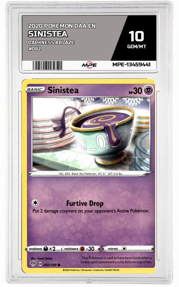 2020 POKEMON DAA EN DARKNESS ABLAZE #082 SINISTEA MPE 10 GEM/MT — graded card auctioned from the MPE vault