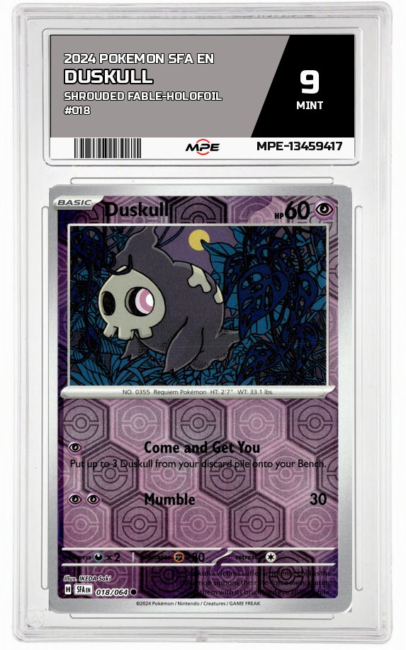 2024 POKEMON SFA EN SHROUDED FABLE-HOLOFOIL #018 DUSKULL MPE 9 MINT — graded card auctioned from the MPE vault