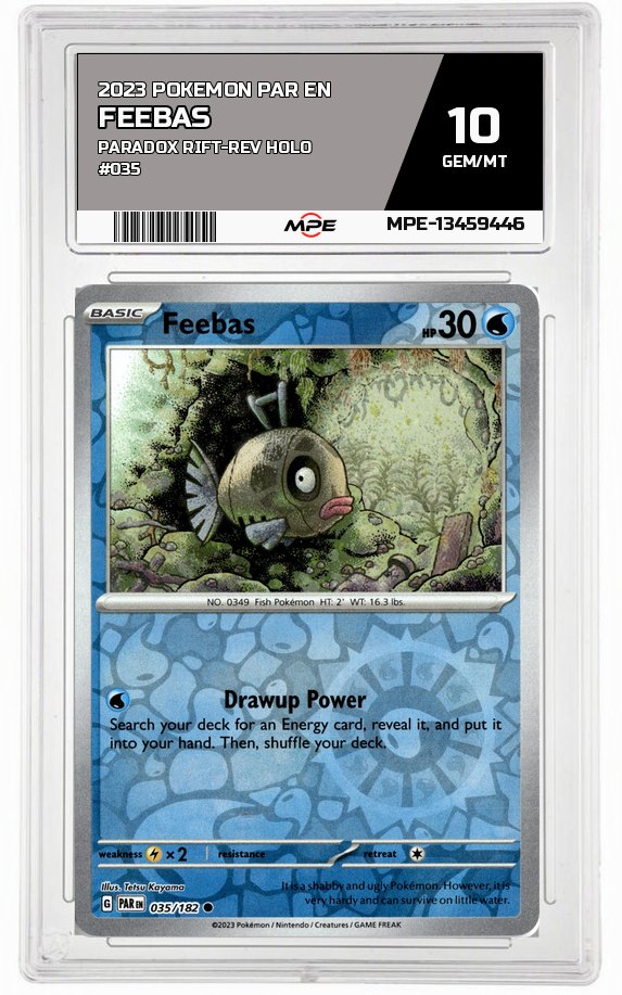 2023 POKEMON PAR EN PARADOX RIFT-REV HOLO #035 Feebas MPE 10 GEM/MT — graded card auctioned from the MPE vault