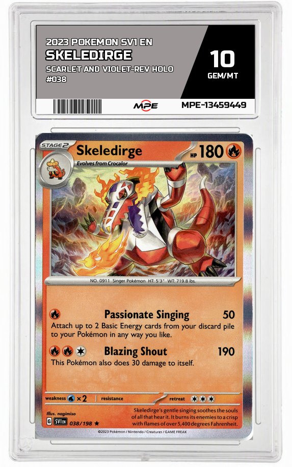 2023 POKEMON SV1 EN SCARLET AND VIOLET-REV HOLO #038 Skeledirge MPE 10 GEM/MT — graded card auctioned from the MPE vault