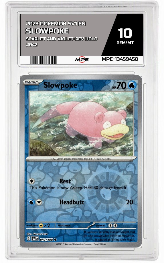 2023 POKEMON SV1 EN SCARLET AND VIOLET-REV HOLO #042 Slowpoke MPE 10 GEM/MT — graded card auctioned from the MPE vault
