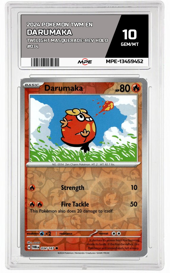 2024 POKEMON TWM EN TWILIGHT MASQUERADE-REV HOLO #034 Darumaka MPE 10 GEM/MT — graded card auctioned from the MPE vault