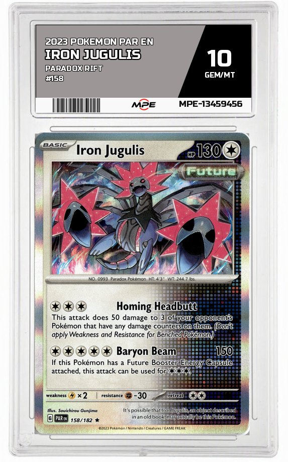 2023 POKEMON PAR EN PARADOX RIFT #158 Iron Jugulis MPE 10 GEM/MT — graded card auctioned from the MPE vault