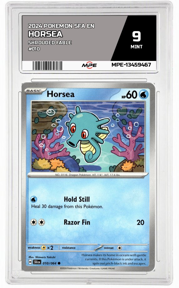 2024 POKEMON SFA EN SHROUDED FABLE #010 Horsea MPE 9 MINT — graded card auctioned from the MPE vault
