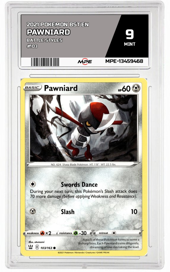 2021 POKEMON BST EN BATTLE STYLES #103 Pawniard MPE 9 MINT — graded card auctioned from the MPE vault