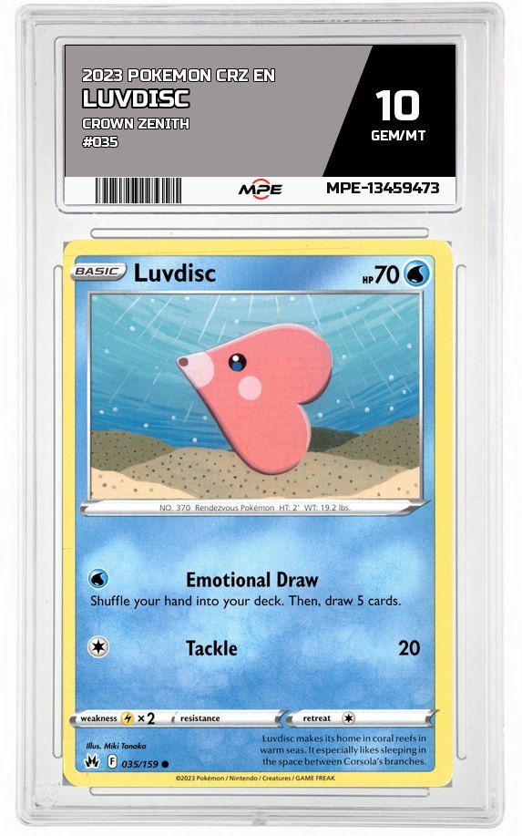 2023 POKEMON CRZ EN CROWN ZENITH #035 Luvdisc MPE 10 GEM/MT — graded card auctioned from the MPE vault