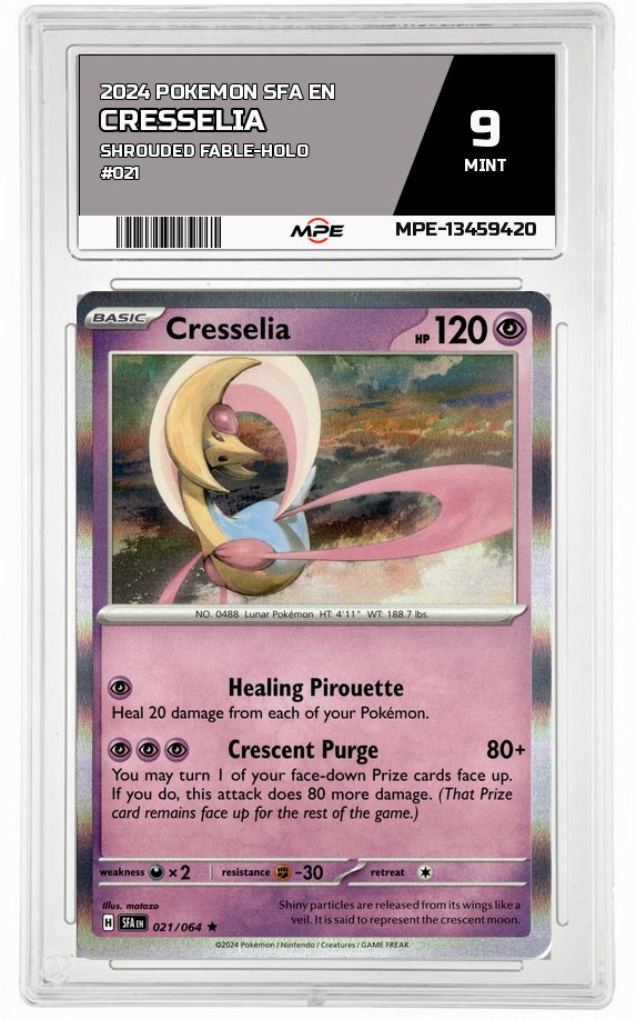2024 POKEMON SFA EN SHROUDED FABLE-HOLO #021 Cresselia MPE 9 MINT — graded card auctioned from the MPE vault