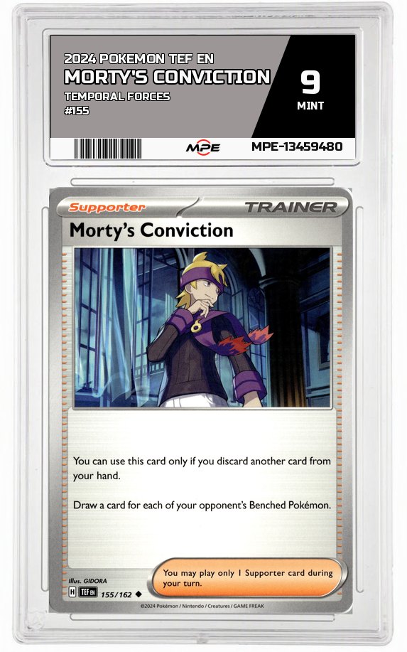 2024 POKEMON TEF EN TEMPORAL FORCES #155 Morty's Conviction MPE 9 MINT — graded card auctioned from the MPE vault
