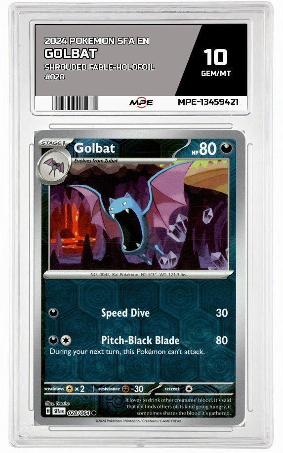 2024 POKEMON SFA EN SHROUDED FABLE-HOLOFOIL #028 Golbat MPE 10 GEM/MT — graded card auctioned from the MPE vault