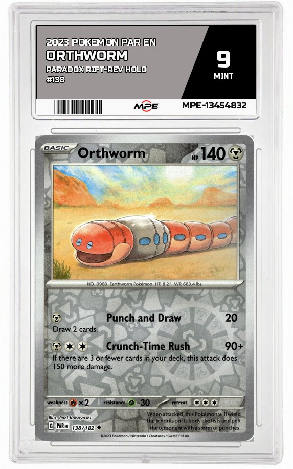 2023 POKEMON PAR EN Paradox Rift-REV HOLO #138 ORTHWORM MPE 9 MINT — graded card auctioned from the MPE vault
