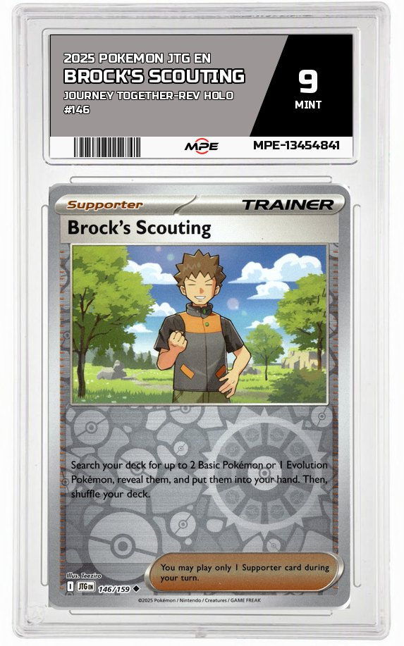 2025 POKEMON JTG EN Journey Together-REV HOLO #146 BROCK'S SCOUTING MPE 9 MINT — graded card auctioned from the MPE vault