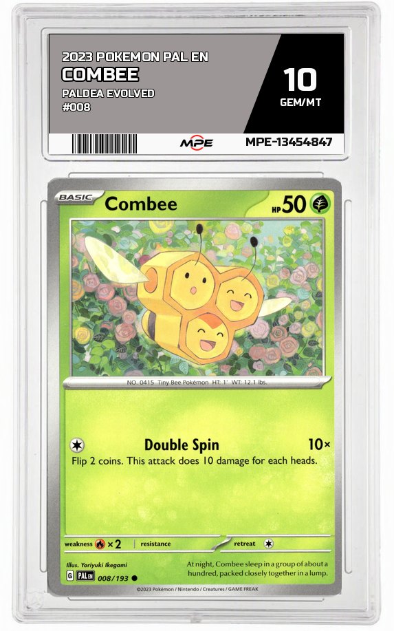 2023 POKEMON PAL EN Paldea Evolved #008 COMBEE MPE 10 GEM/MT — graded card auctioned from the MPE vault