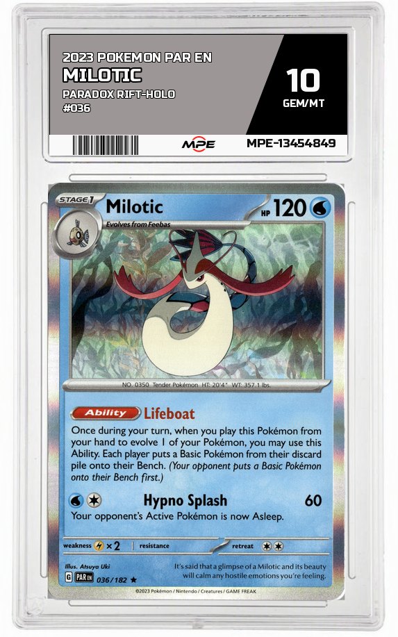 2023 POKEMON PAR EN Paradox Rift-HOLO #036 MILOTIC MPE 10 GEM/MT — graded card auctioned from the MPE vault