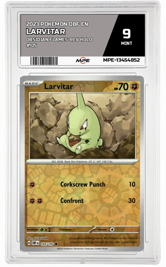 2023 POKEMON OBF EN Obsidian Flames-REV HOLO #105 LARVITAR MPE 9 MINT — graded card auctioned from the MPE vault